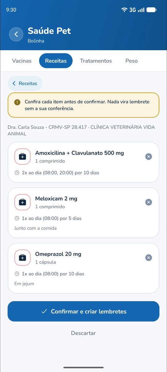 Receita lida da foto: Medicamento, dose e horário chegam preenchidos.